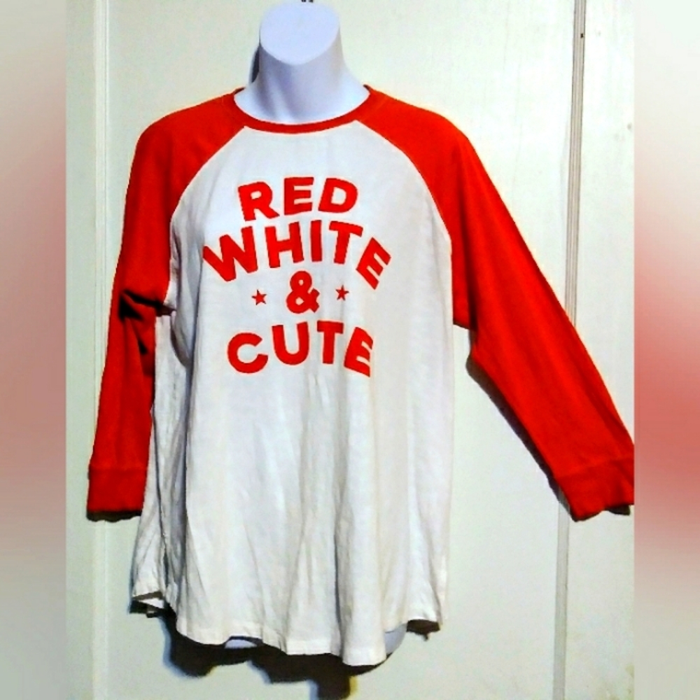 CROWN & IVY LADIES RED AND WHITE LONG SLEEVE TOP